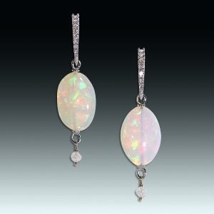 "Her eyes so bright" opal, diamond, 14k white gold and platinum earrings