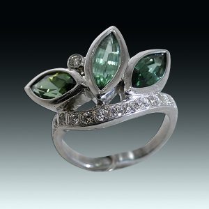 "Fanned with the eastern wind" tourmaline, diamond and platinum ring